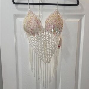 Vintage Cream Beaded Fringe Top